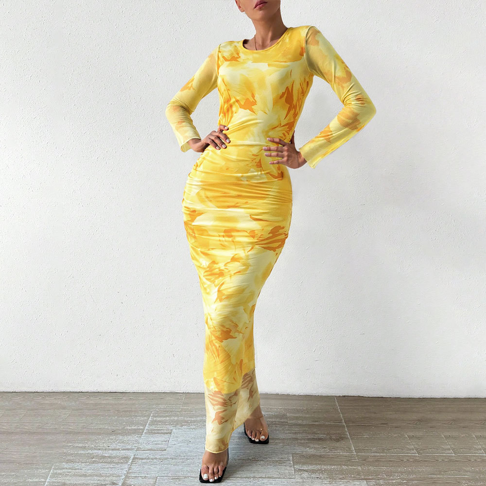 European and American Sexy Tight Strapless Long Dress with Gradient Floral Print High Waist Bodycon Dress