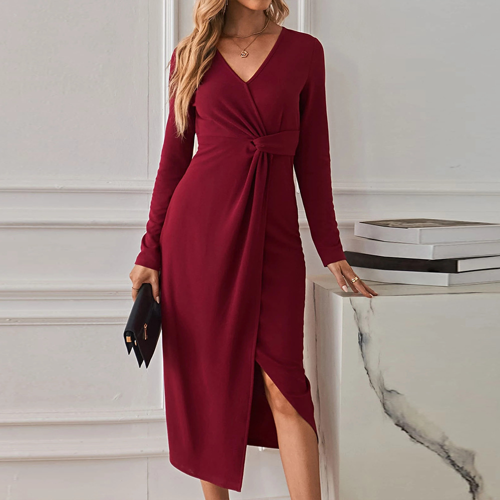 New V neck Elegant Mid length Dress with Slit and Long Sleeves