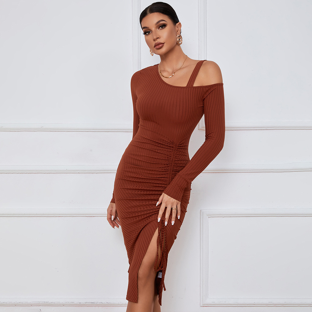 European and American Style Women's Dress with Drawstring, Slit, Off Shoulder, Autumn and Winter, Bodycon, Long Sleeve