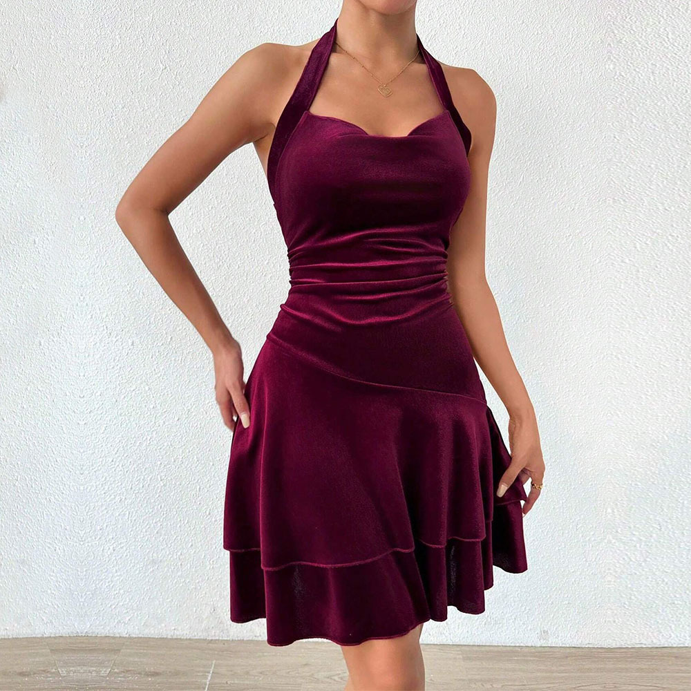 Autumn Winter New Cross border Women's Sexy Velvet Halter Dress Party Mini Dress