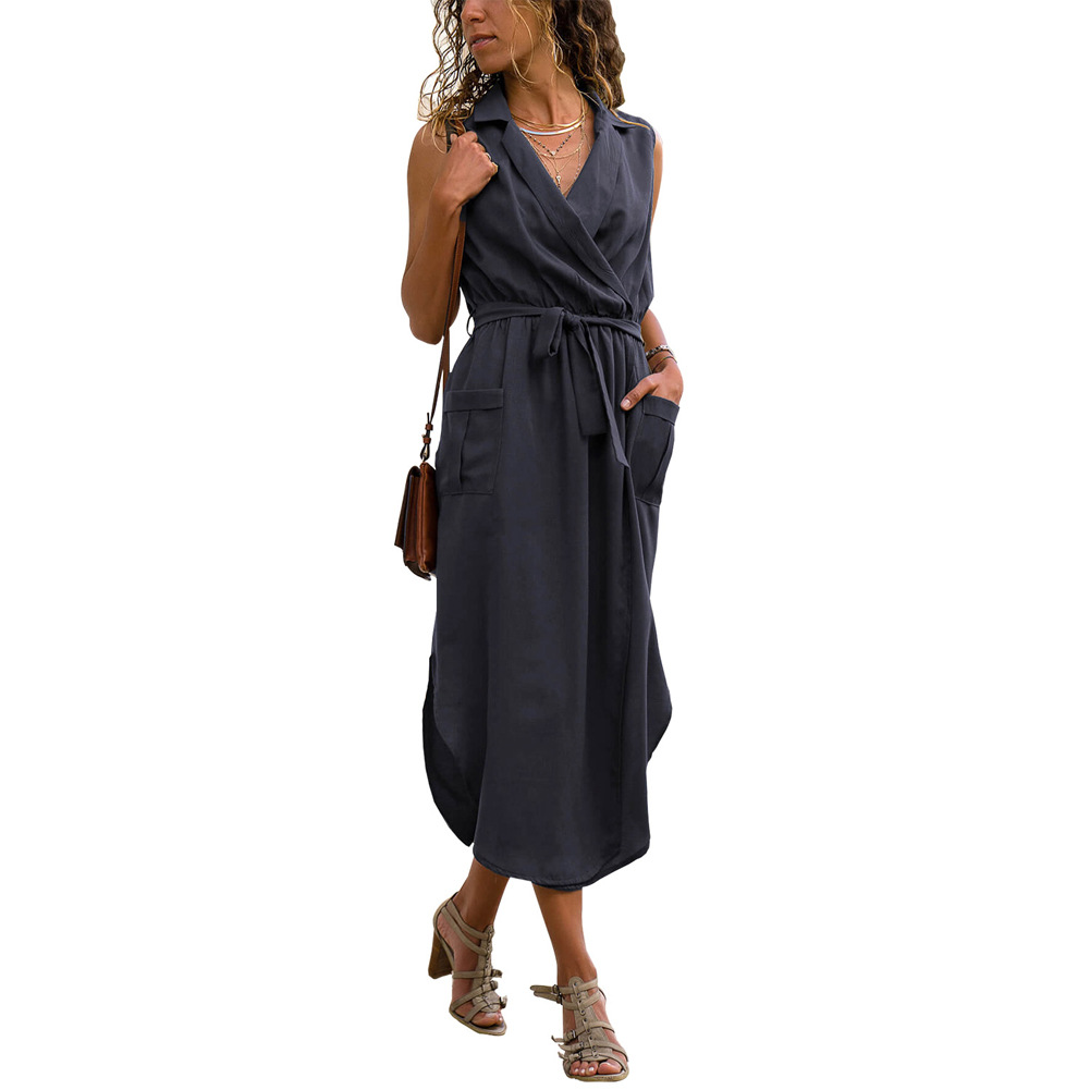 Summer Womens Dress Solid Color Sleeveless High Waist Tie Belt Midi Length Casual Wear Wholesale Available