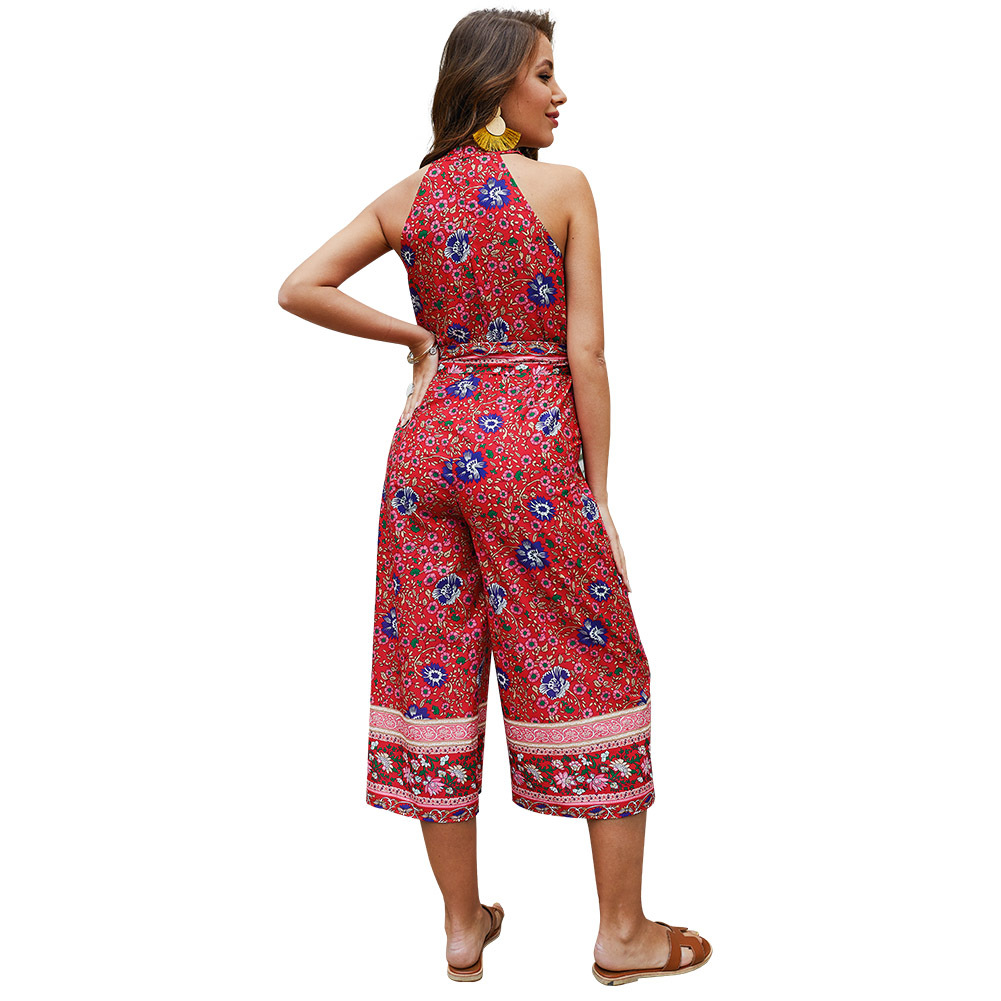 Summer Vacation Style Halter Neck Jumpsuit Unique Print Adjustable Tie Comfortable Fit Wholesale Available