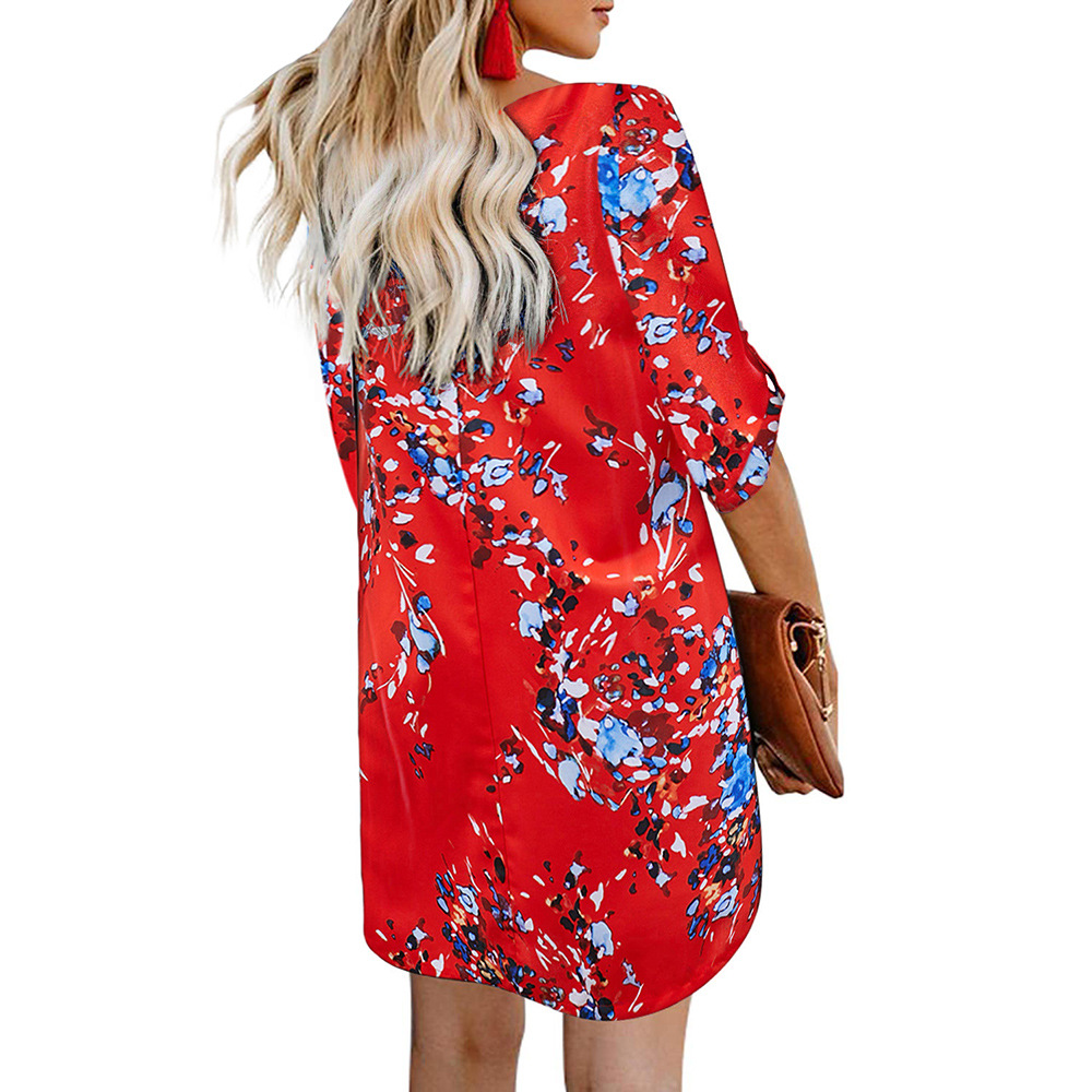 Floral Print Midi Dress for Women Plus Size Casual Three Quarter Sleeve V Neck Autumn Collection Wholesale
