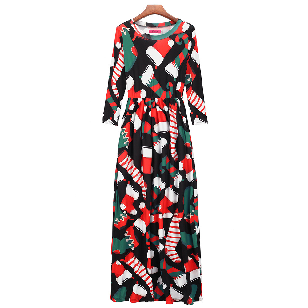 Floral Print Long Sleeve Christmas Dress Round Neck Elegant Style Spring Collection Wholesale Available