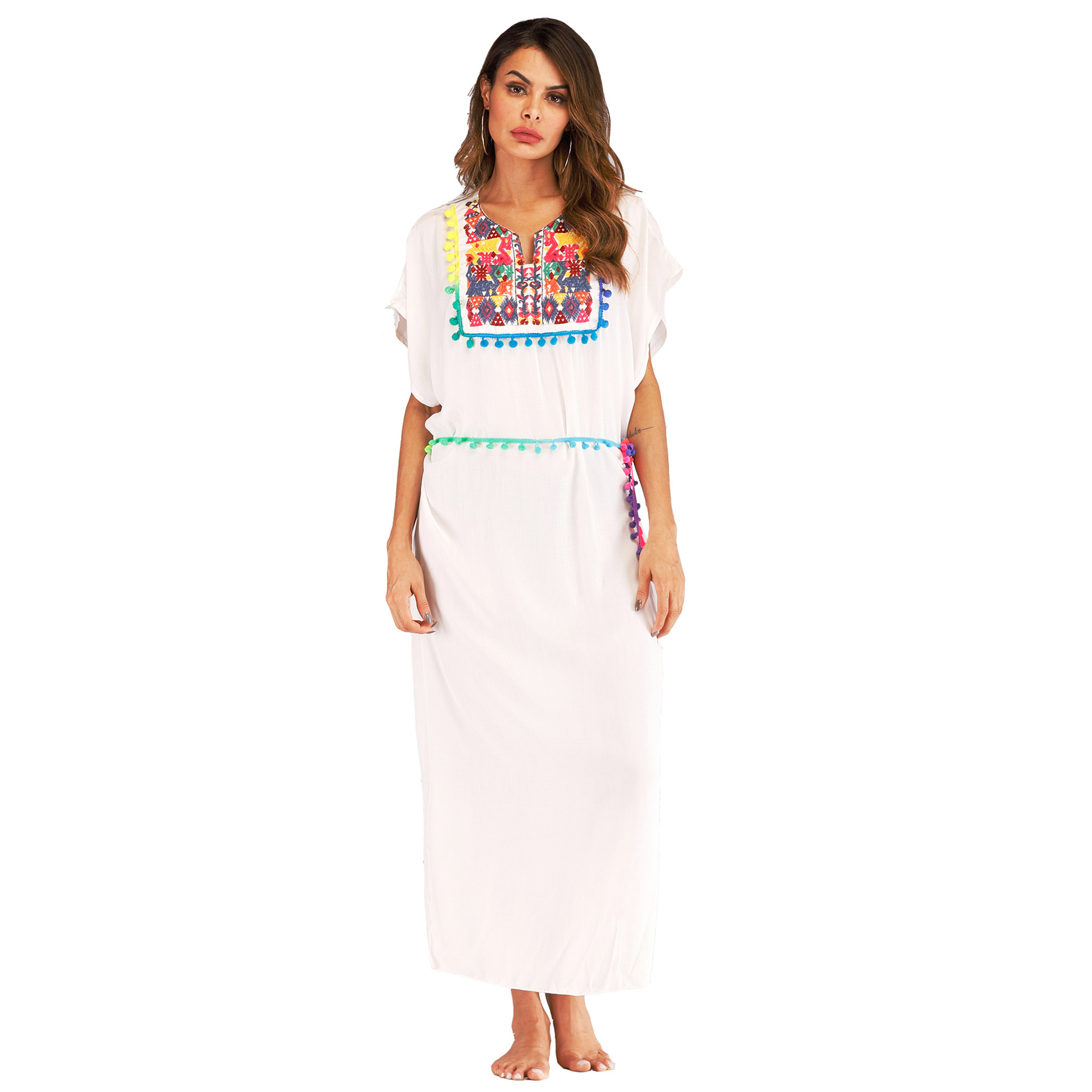 Embroidered Colorful Tassel Split Long Beach Cover Up Dress Stylish Bohemian Design Perfect for Summer Vacations