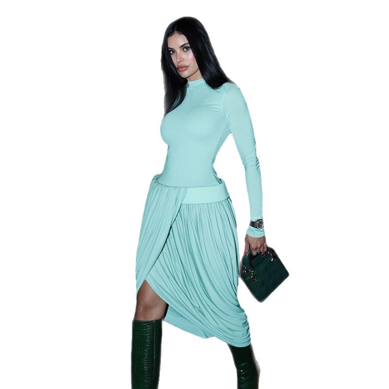 European and American Cross border Autumn and Winter New Women's Fashion Color blocking Solid Long Sleeve Slim Fit Ruffled Split Sexy Dress