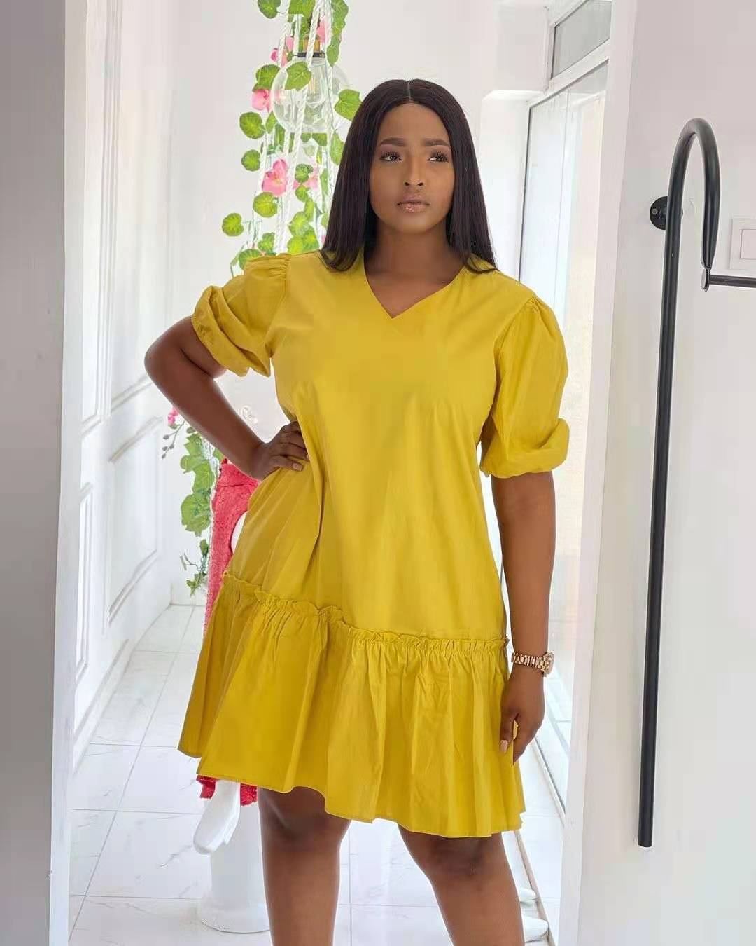 Summer Womens Dress Solid Color V Neck Ruffle Short Sleeves Casual Wear for Parties or Outings Wholesale Available