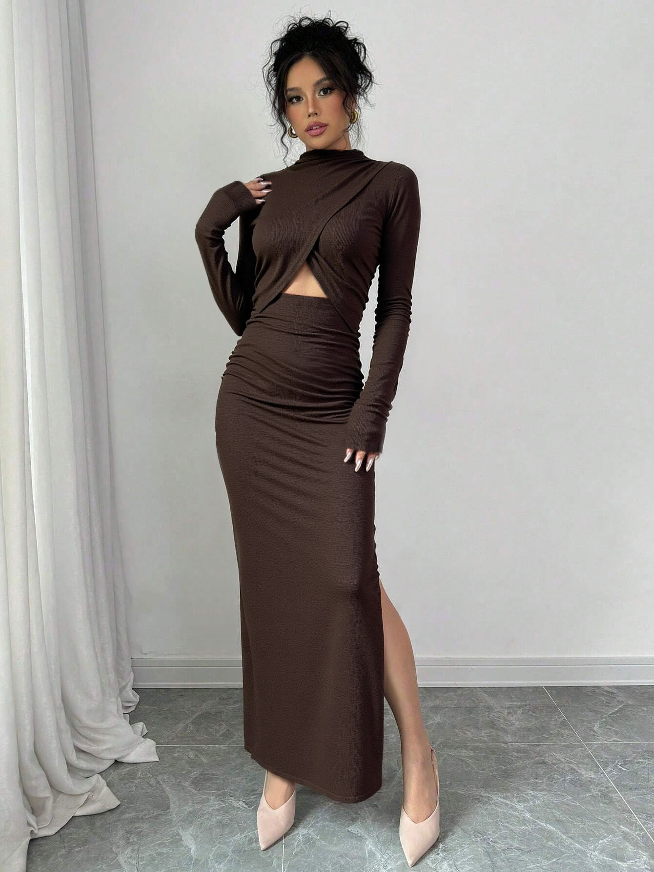 European and American Market, Sexy Split Long Sleeve Dress — Slim Fit, Waist Exposing, Elegant Style — Autumn and Winter Colle