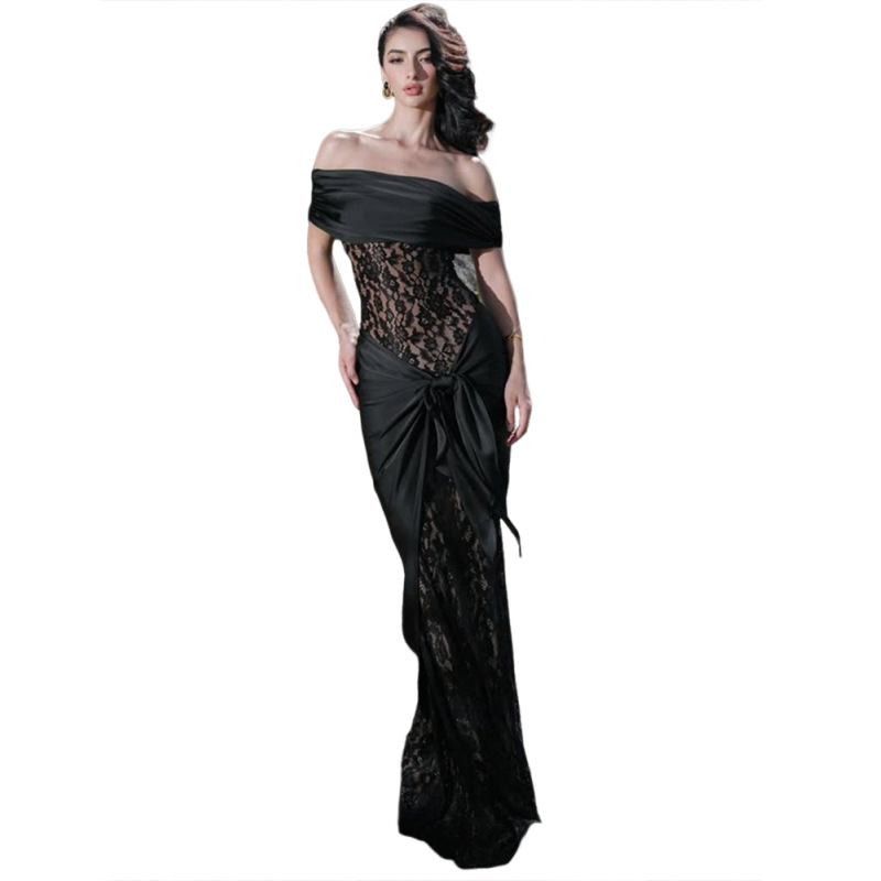 European and American Cross border Autumn New Women's Spliced Lace Sexy Off shoulder Long Slim Dress