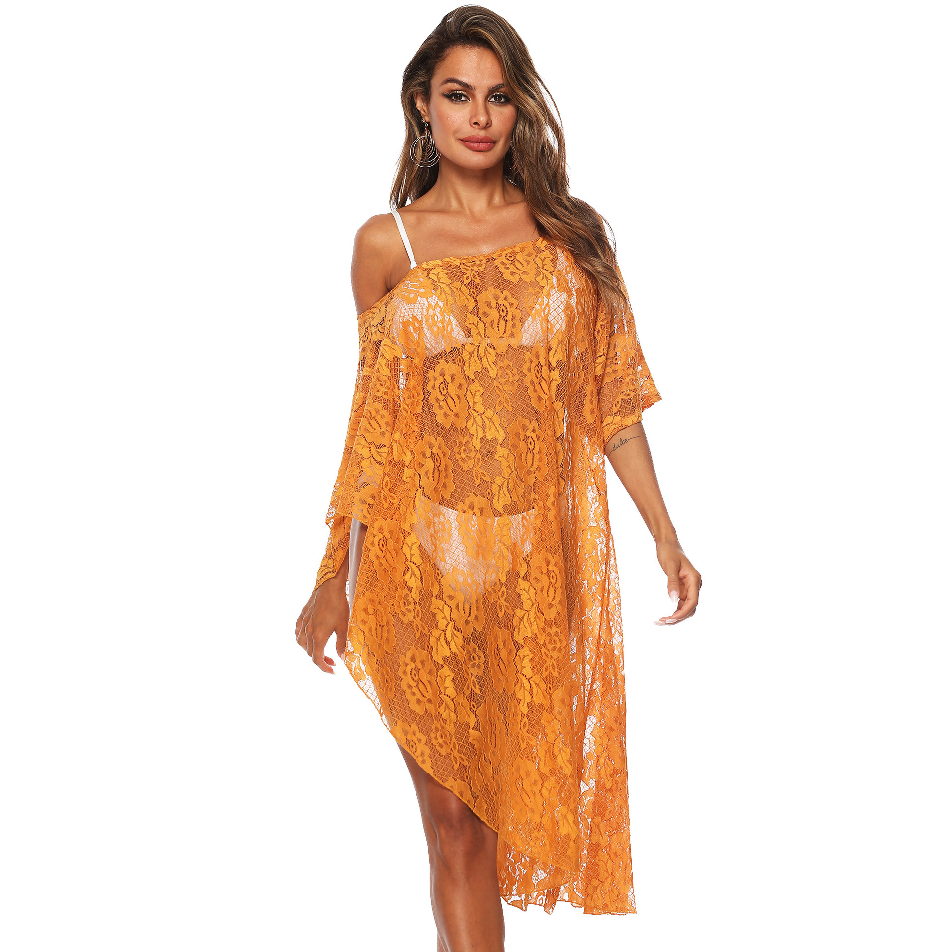 Sheer Lace Beach Cover Up Dress Irregular Asymmetrical Design Sexy Style Lightweight Fabric Summer Swimwear