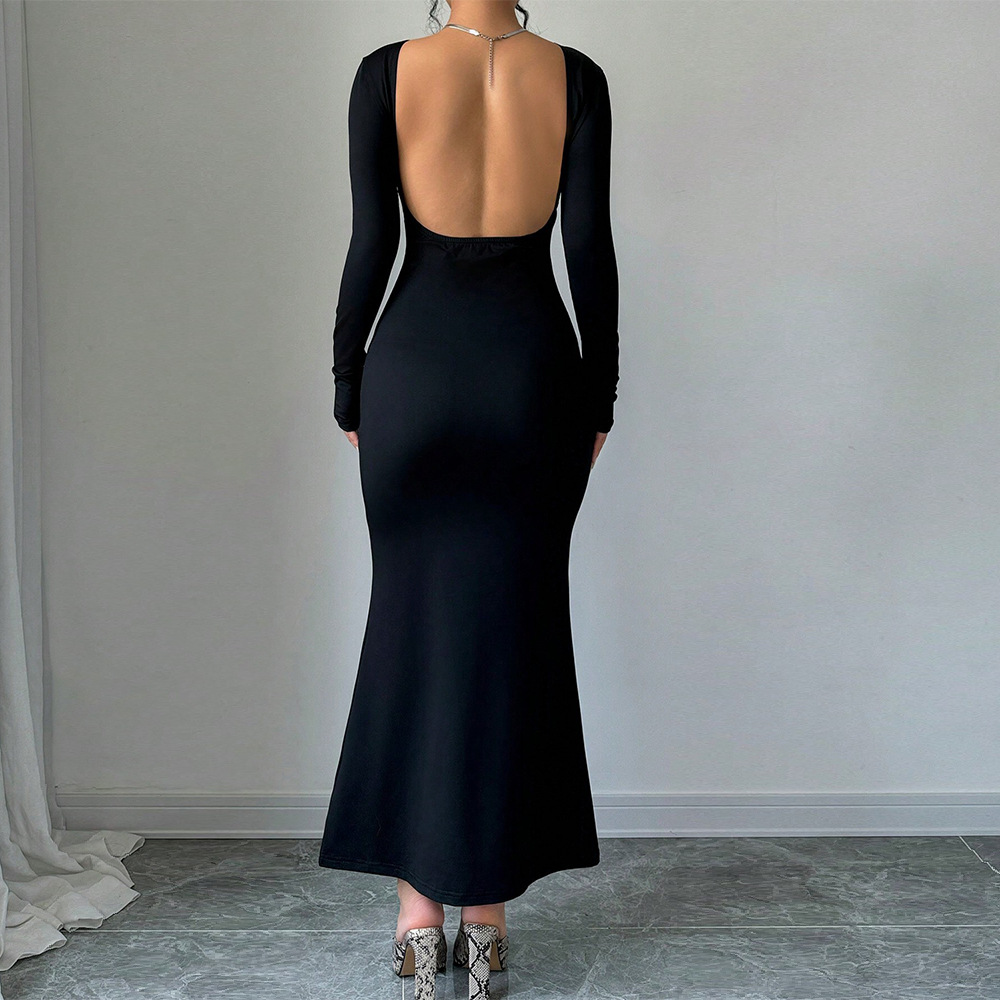 Elegant Backless Maxi Dress High Waist Bodycon Fit Long Sleeve Autumn Winter Fashion for Casual or Evening Wear
