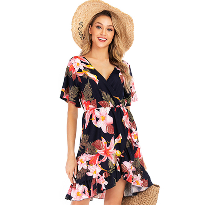 Womens Floral Print V Neck Dress Short Sleeve Casual Style Spring Collection Wholesale Available