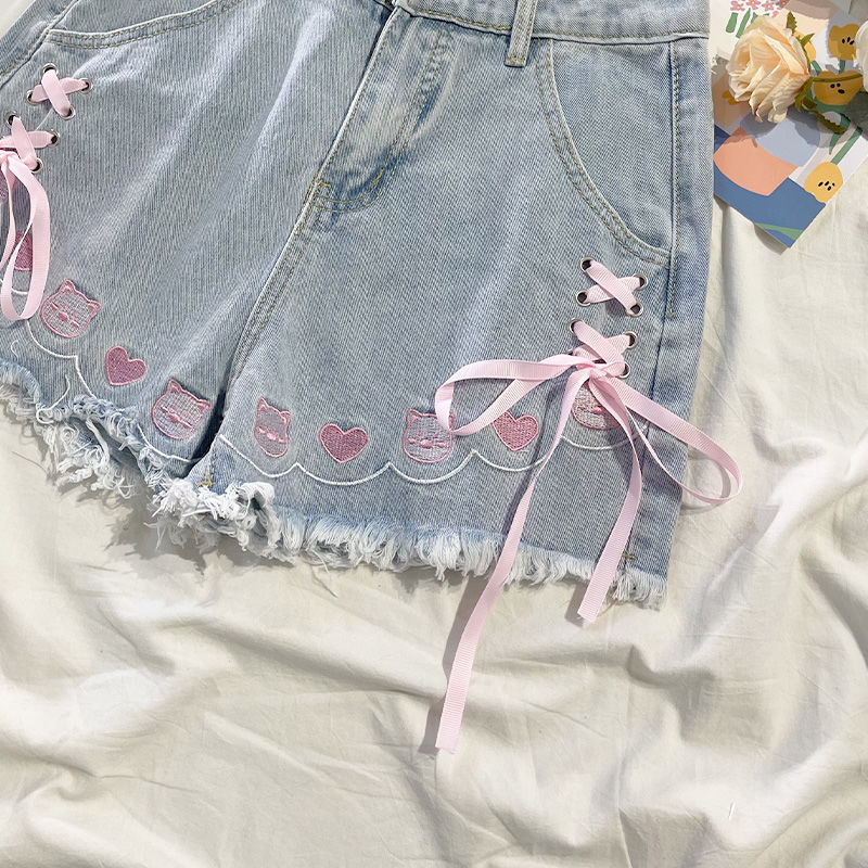 Japanese Style High Waisted Denim Shorts Blue Embroidered Frayed Hem Cute Loose Fit Summer Casual Wear