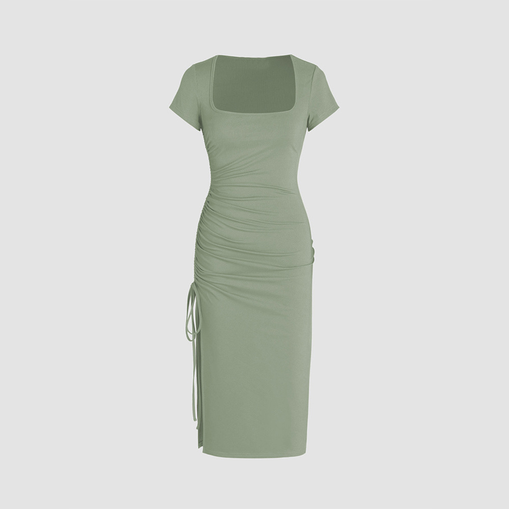 Elegant Slim Fit Side Slit Knitted Pencil Dress with Square Neck and High Waist