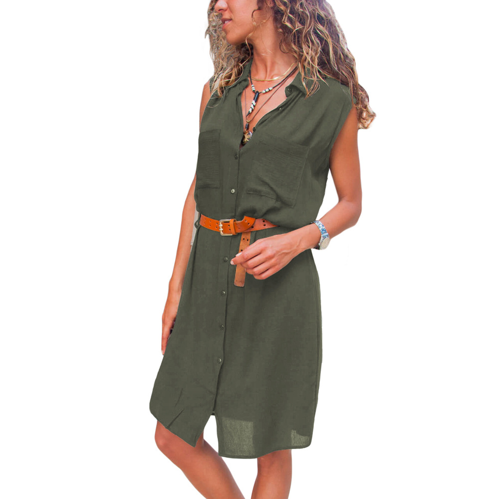 Summer Womens Shirt Dress Loose Fit V Neck Solid Color Button Closure Waist Defined Casual Wear Wholesale