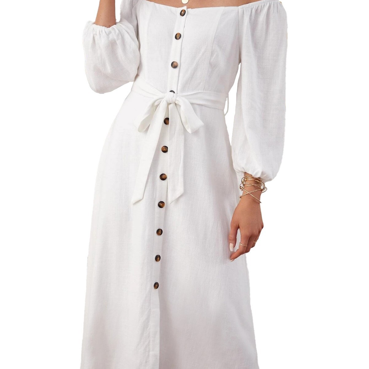 New European and American Style Elegant Commuter Off Shoulder Single Breasted Slit Long Sleeve Mid Length Dress