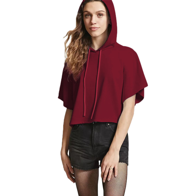 Womens Short Sleeve Hooded Crop Sweatshirt Sexy Design Spring Fashion Comfortable Fabric Wholesale Available