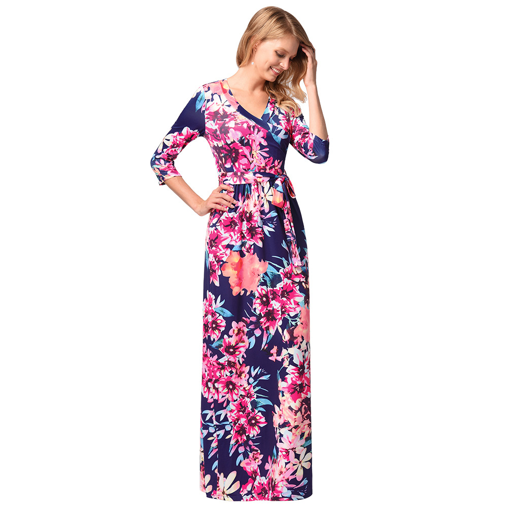 Summer Womens Long Dress Floral Print V Neck Midi Sleeve Flowy Design Perfect for Casual Outings Wholesale