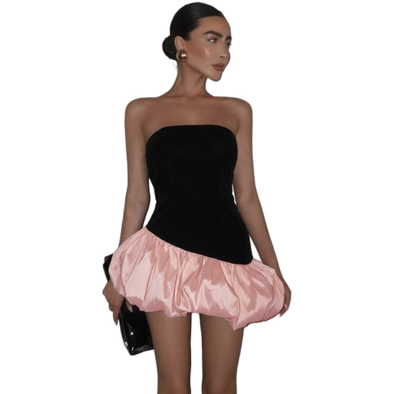European and American Cross border Autumn and Winter New Women's Fashion Sexy Strapless Backless Color blocking Puff Skirt Slim Dress