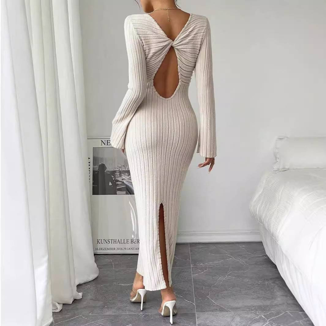 Sexy Backless High Waist Split Long Dress Elegant Design Autumn Winter Style Wholesale Womens Fashion Apparel