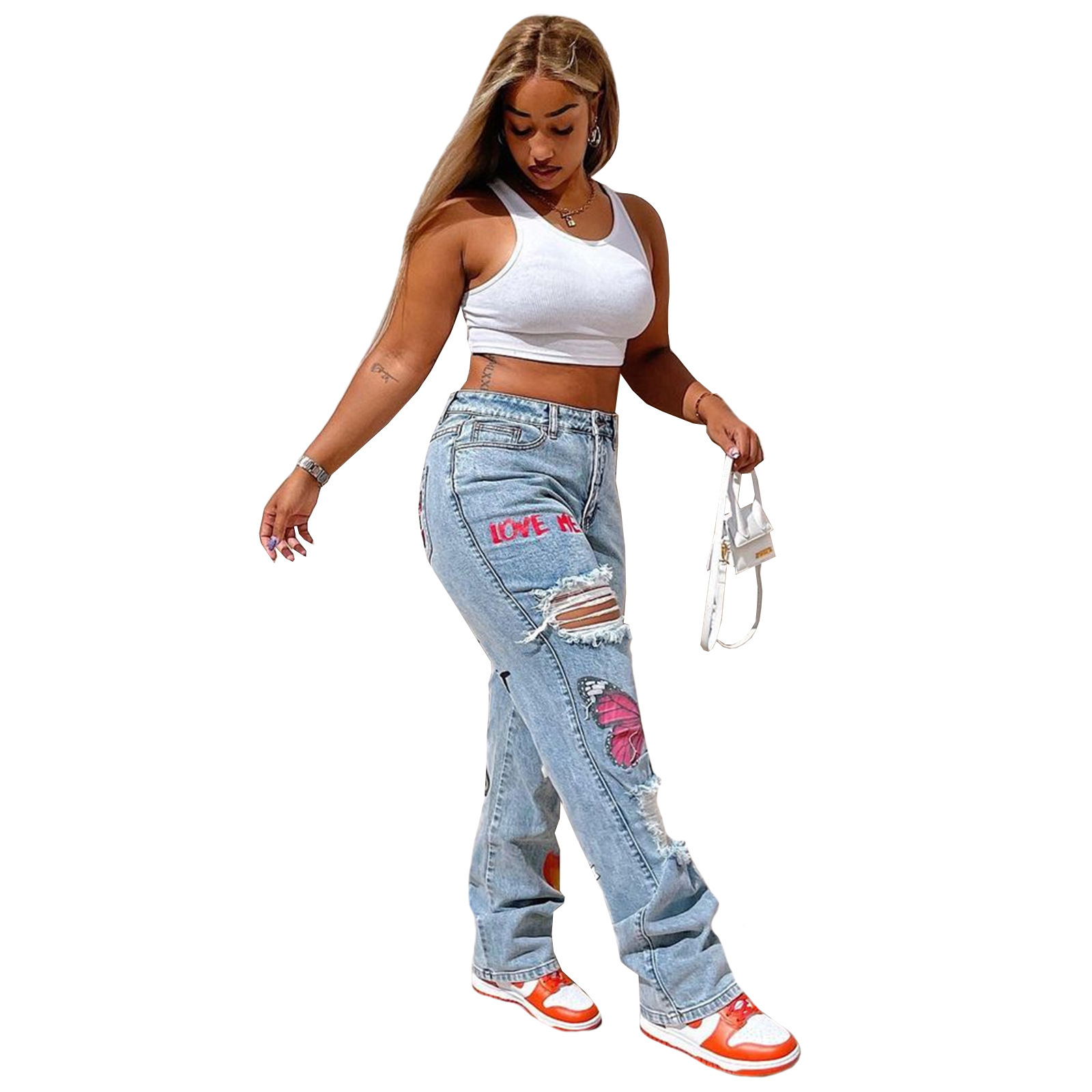 Fashionable Womens Distressed Denim Jeans Digital Print Sexy Style Casual Wear Wholesale Available