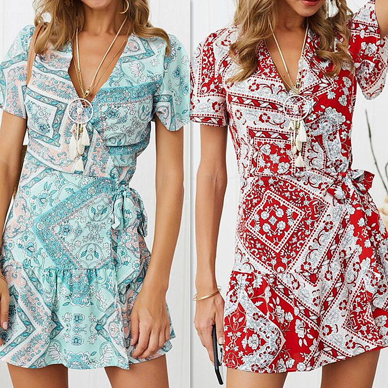 Casual Floral Print Dress Short Sleeve Tie Design Sexy Style Spring Summer Vacation Wear Ready to Ship