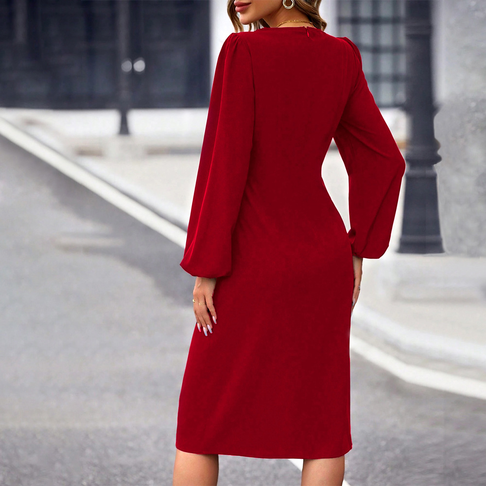 Elegant Square Neck Slim Waist Side Slit Mid length Dress