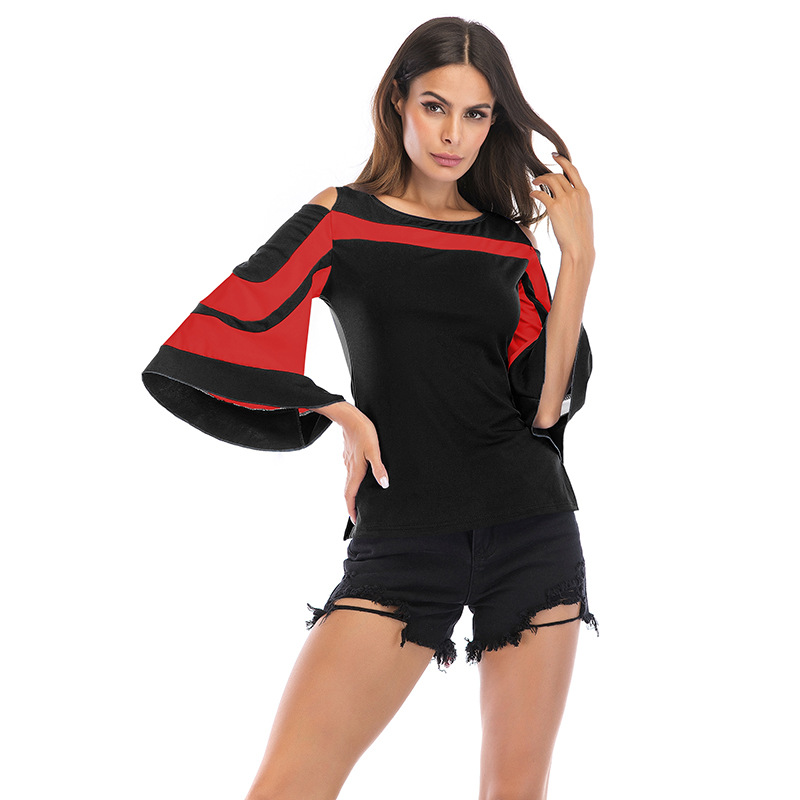 Vintage Color Block Off Shoulder Blouse Bell Sleeves Back Zipper Retro Style Perfect for Casual Outings Wholesale