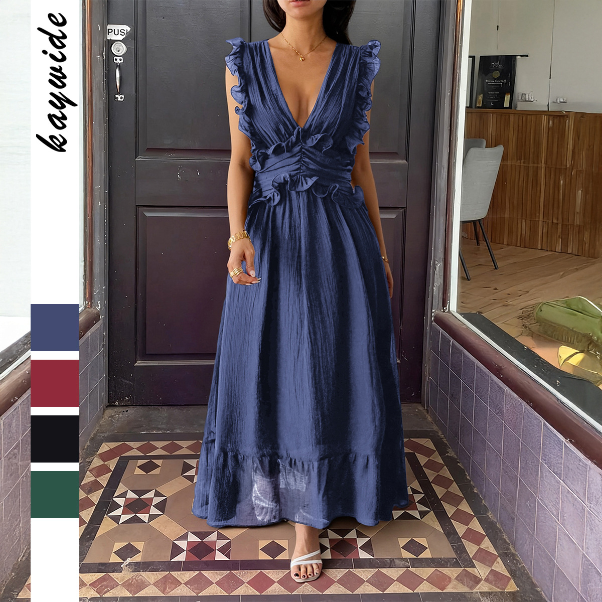 Elegant V Neck Solid Color Long Dress for Women