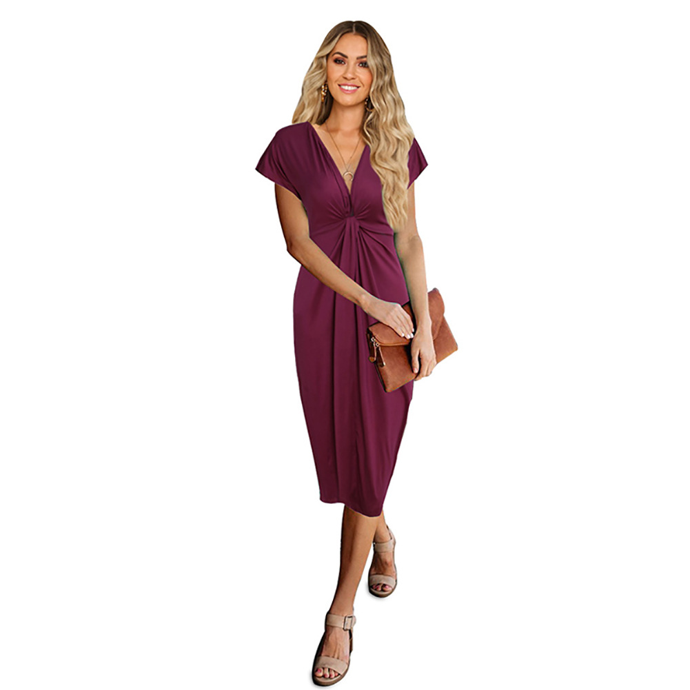 Summer Womens A Line Dress Sexy V Neck Short Sleeve Mid Waist Midi Length Casual Wear Wholesale Available