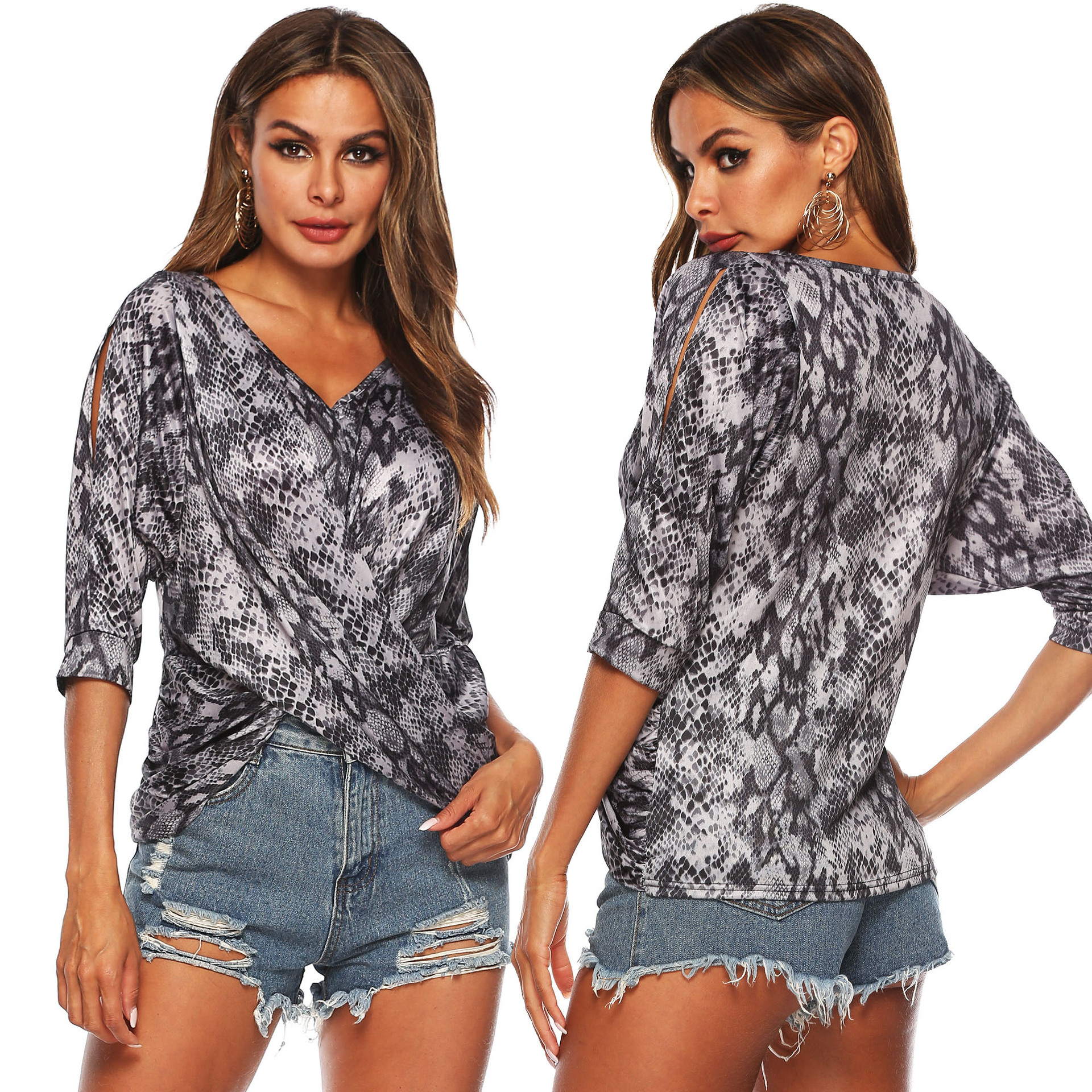 Irregular Batwing Sleeve Cross Shoulder T Shirt Short Sleeve Casual Style Lightweight Fabric Wholesale Available