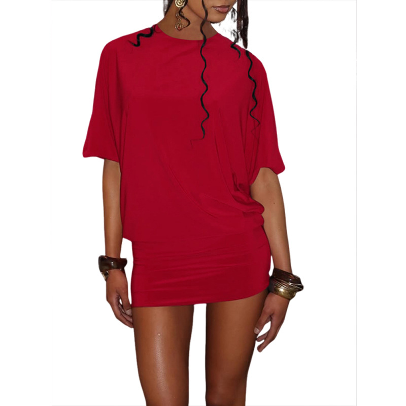 European and American Cross border Summer New Women's Fashion Sexy Short Sleeve Round Neck Solid Color Backless Bodycon Dress