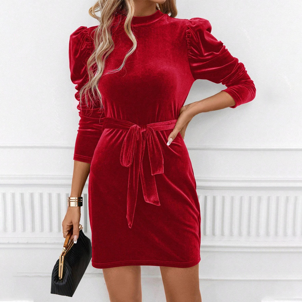 New European and American Cross border Velvet Elegant Waist Tie Slim Long Sleeve Bodycon Mini Dress