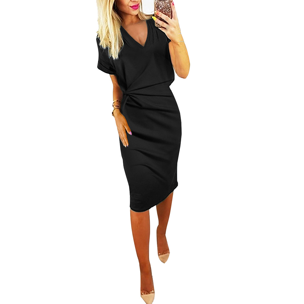 Summer Womens Casual Dress Solid Color V Neck Short Sleeve Bodycon Midi Length Perfect for Parties or Daily Wear