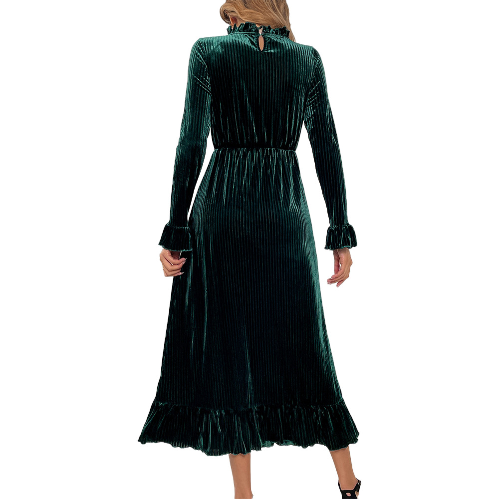 Elegant Velvet A line Long Dress with Waist Slimming and Long Sleeves