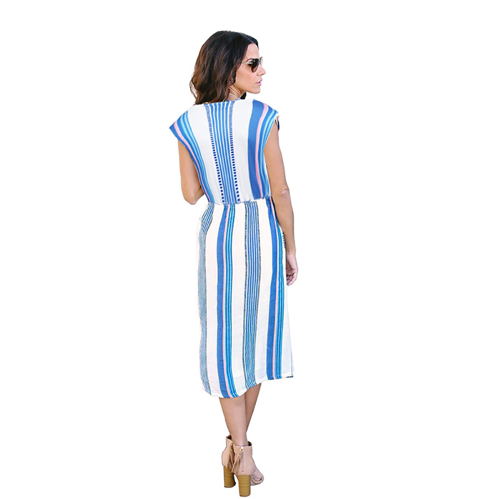 Sleeveless V Neck Blue and White Striped Maxi Dress Loose Fit High Waist Spring Summer Style Wholesale Available