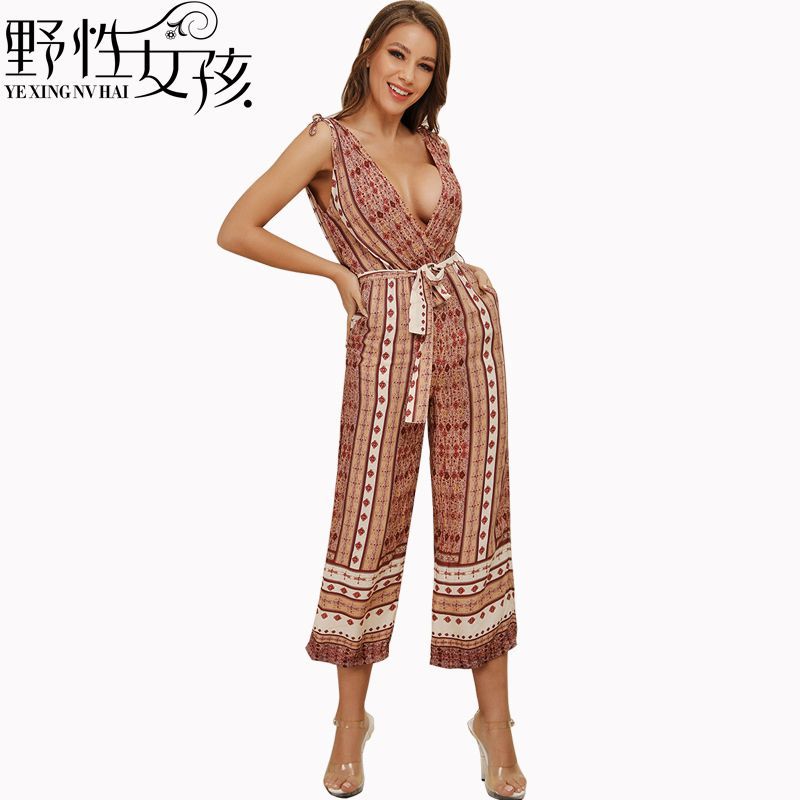 High Waist Deep V Cutout Jumpsuit Floral Print Sexy Style Comfortable Fit Wholesale Available