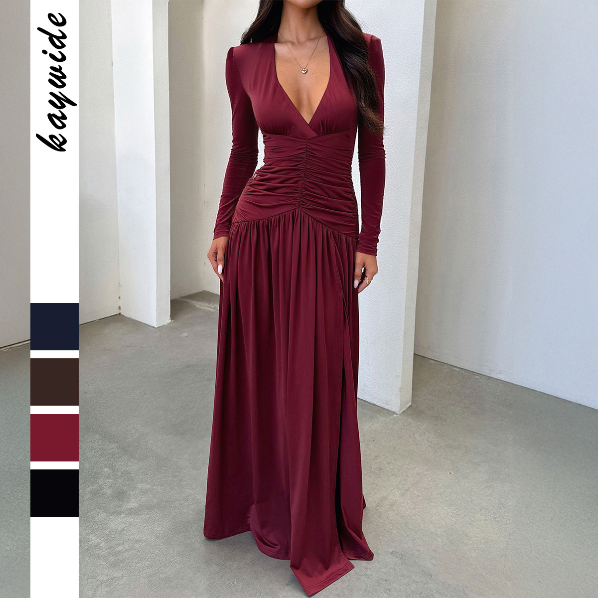 Elegant Deep V Neck Long Sleeve Long Dress for Women Autumn Winter