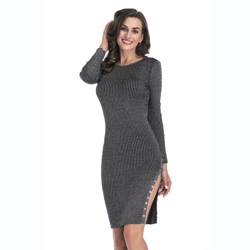 Knitted Midi Dress Button Detail Side Slit Bodycon Fit Spring Fashion for Women Wholesale Available