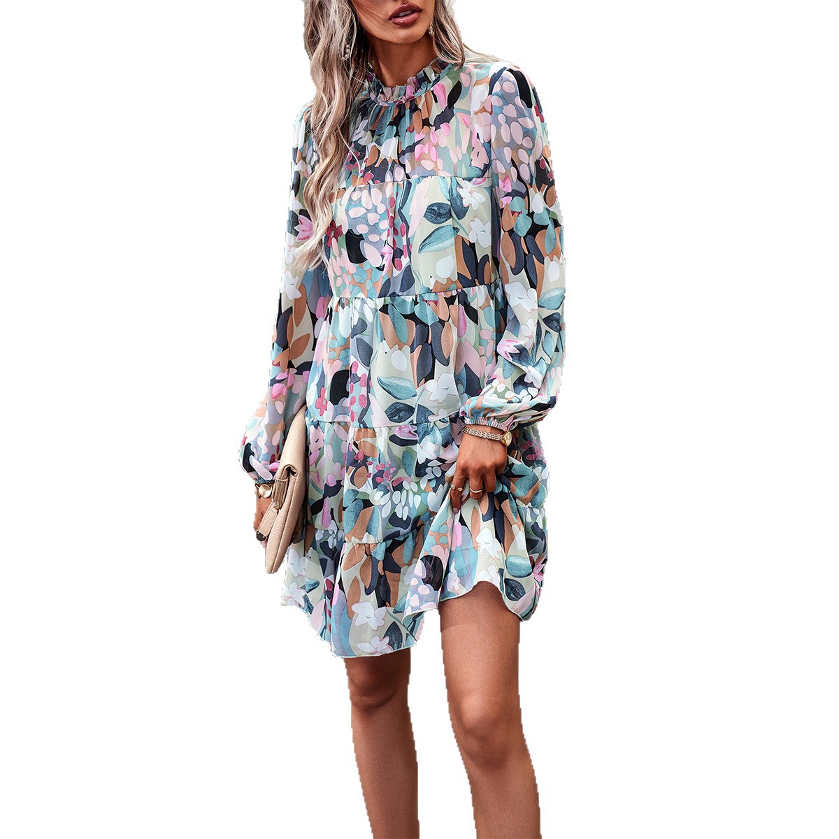Elegant Casual Printed Long Sleeve Long Dress for Women Autumn Winter