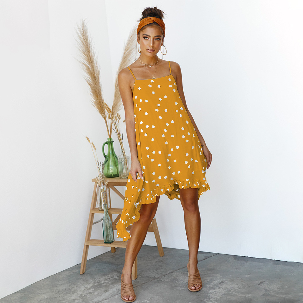 Chiffon Dress Polka Dot Print Irregular Hem Sleeveless Summer Vacation Wear Wholesale Available