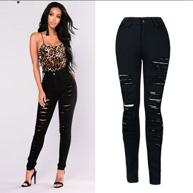 High Waisted Ripped Skinny Jeans Stretch Fabric Plus Size Trendy Design Casual Wear Wholesale Available