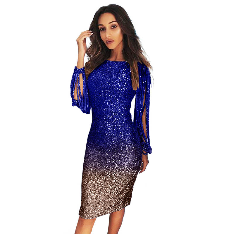 Color Block Sequin Dress Round Neck Fringe Sleeves Elegant Design Perfect for Parties and Gatherings Wholesale
