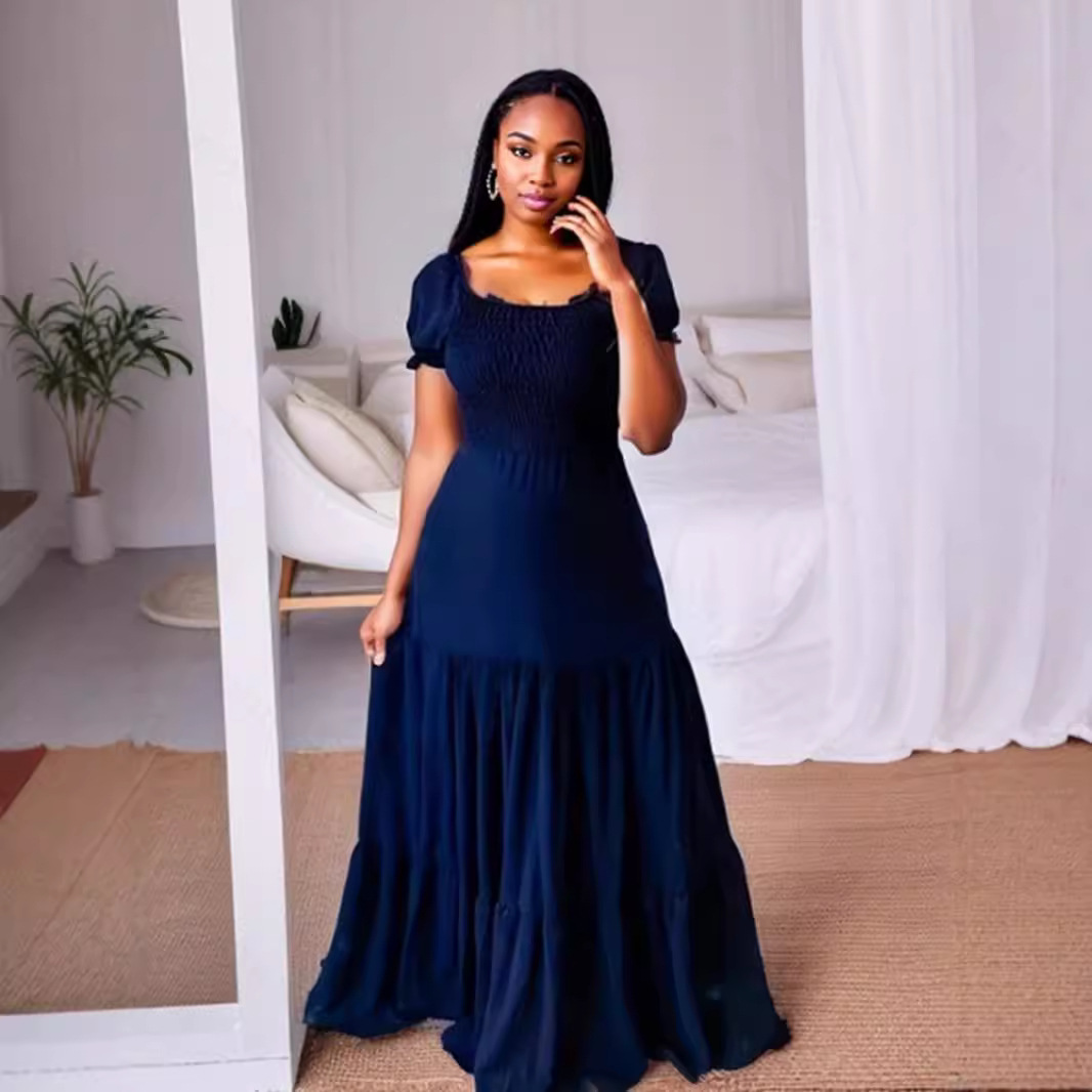 European and American Cross border Hot Selling Commuter Solid Color Square Neck Spliced Long Skirt Dress