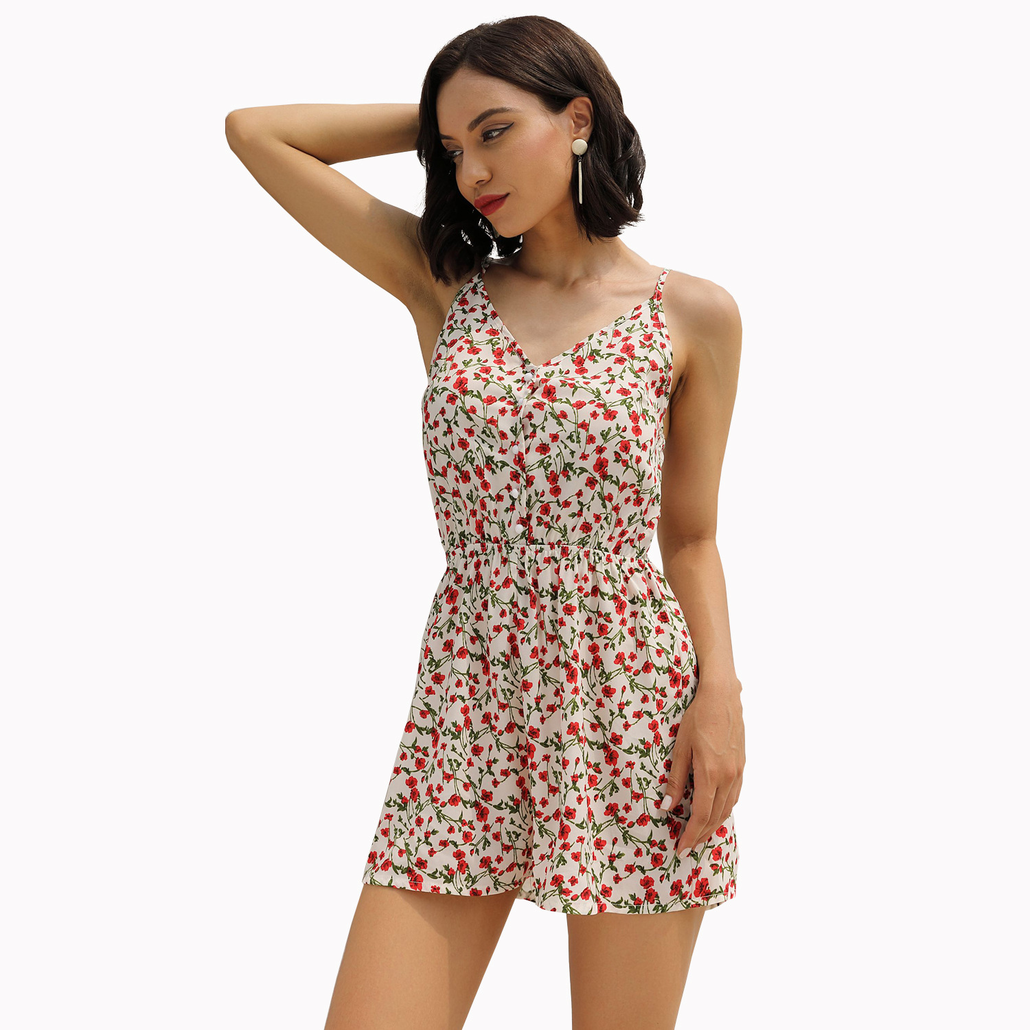 Womens Floral Print Button Down Jumpsuit Casual Sleeveless Design Comfortable Fabric Perfect for Vacation Wholesale