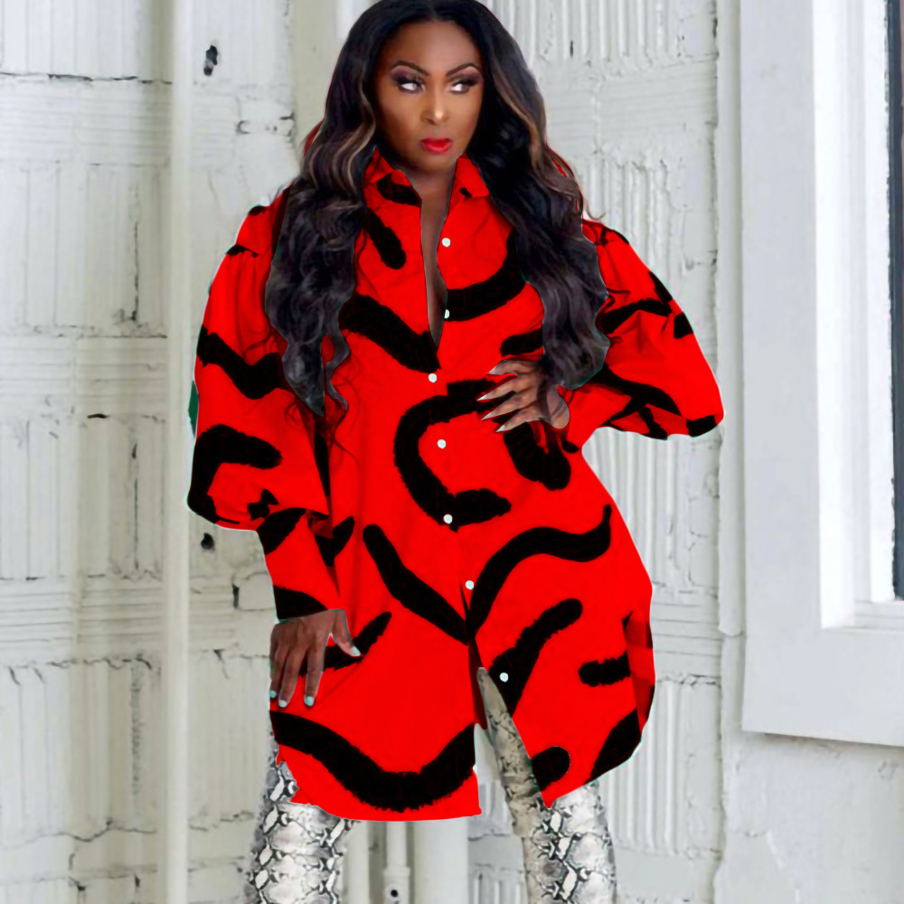 Loose Commuter Printed Lapel Dress Shirt Dress