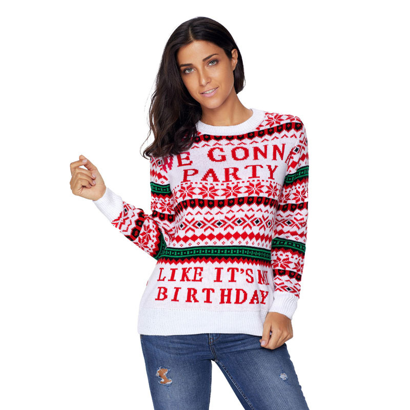 Womens Christmas Sweater Long Sleeve Knit Letter Patchwork Round Neck Casual Autumn Wear Wholesale Available