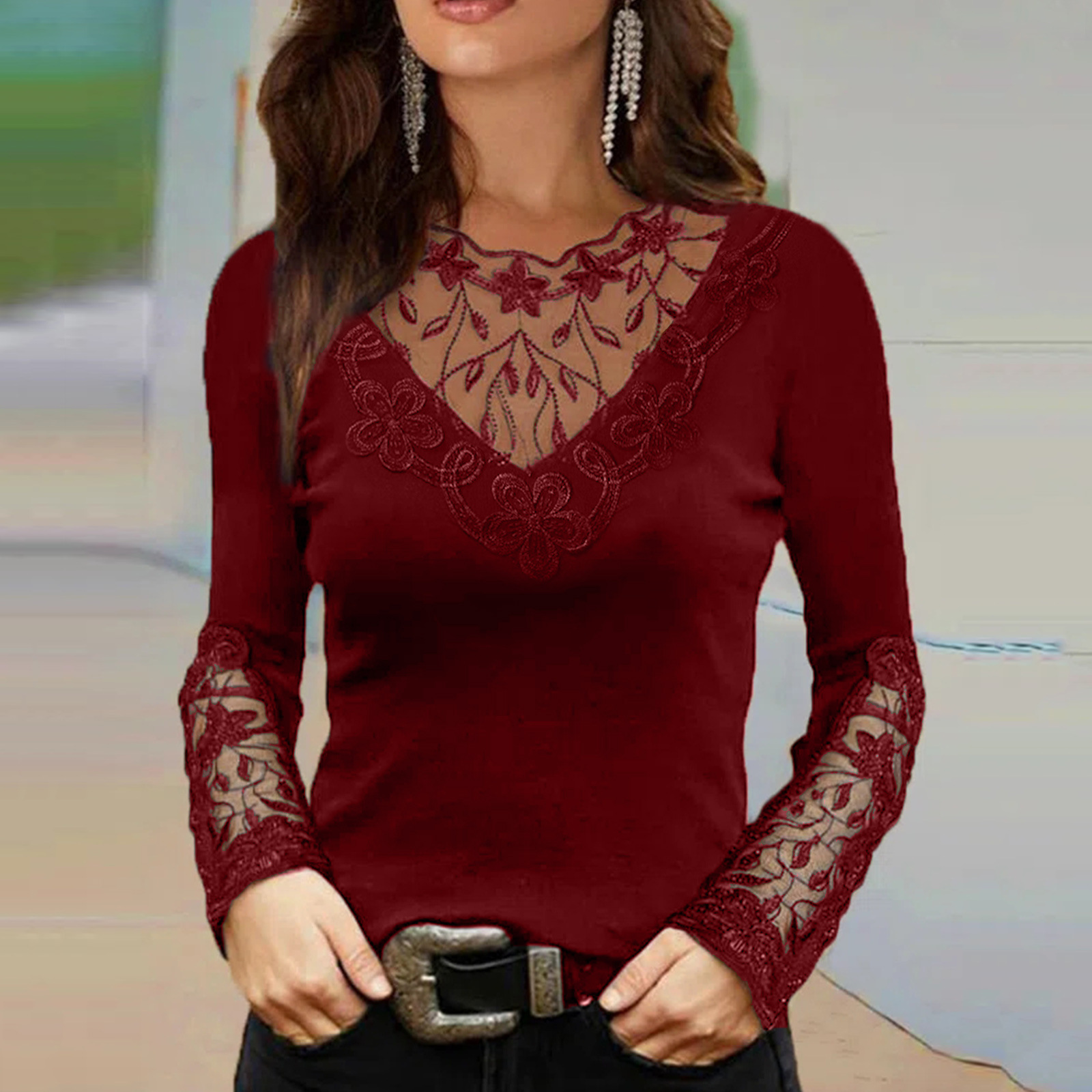 Womens Lace Long Sleeve T Shirt Deep V Neck Floral Trim Slim Fit Spring Fall Fashion Top Wholesale Available