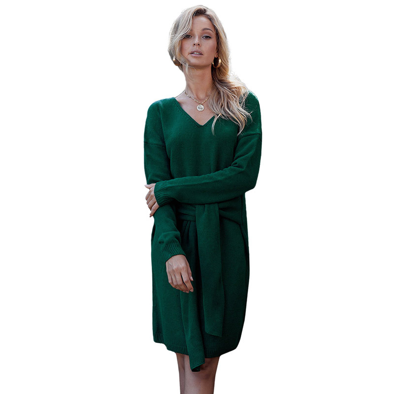 Womens Sweater Dress Casual Waist Defined Mid Length Long Sleeve Solid Color Perfect for Everyday Wear