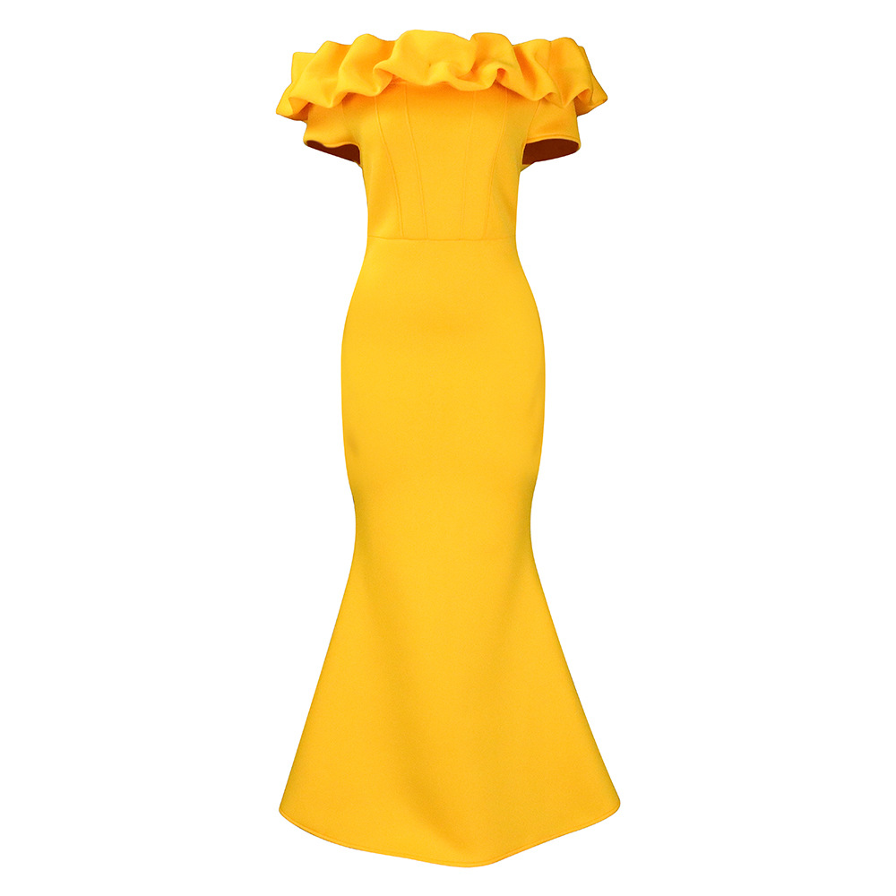 European Market Elegant Mermaid Dress — Solid Color, Ruffle Trim, Slim Fit, Evening Gown — Formal Occasion — Wholesale Supply